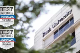 Exterior of a Rush University building, overlaid with badges reading US News Best Grad Schools